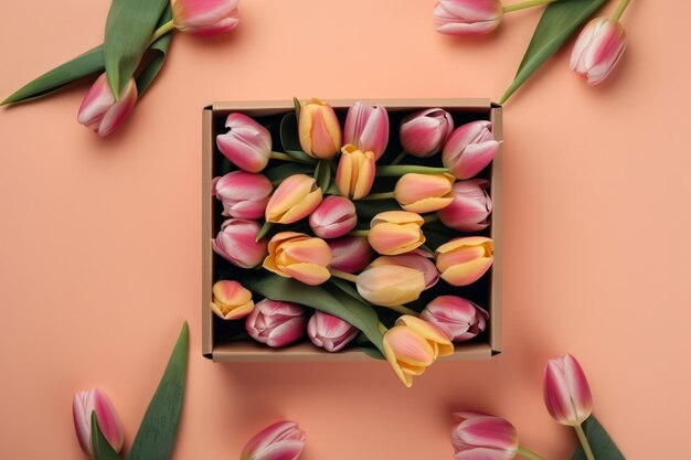 Lindo buquê de flores de tulipa de primavera com uma caixa de presente em um fundo rosa generativo ai