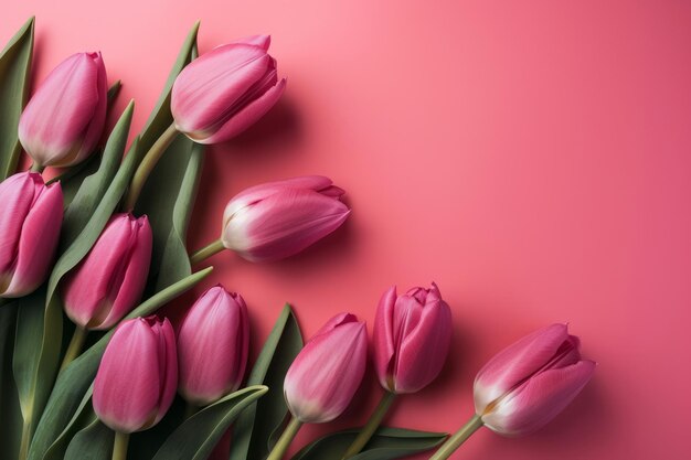 Lindo buquê de flores de tulipa de primavera em um fundo rosa Generative ai