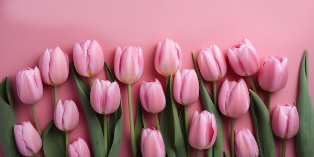 Lindo buquê de flores de tulipa de primavera em um fundo rosa Generative ai