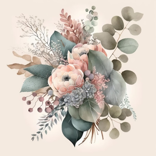 Lindo buquê de flores de verão com ilustração em aquarela AI Generative