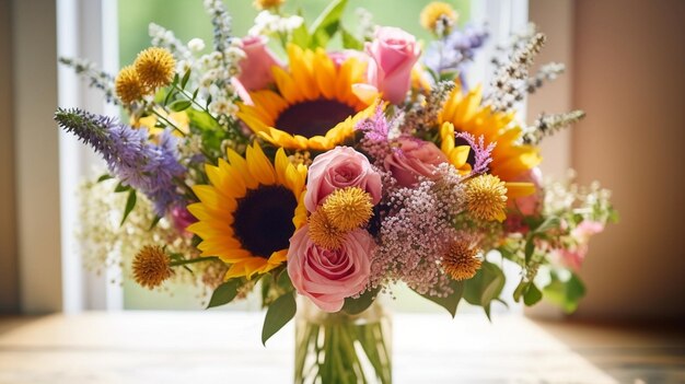 lindo buquê de flores mistas em um vaso na mesa de madeira o trabalho da florista Generative AI