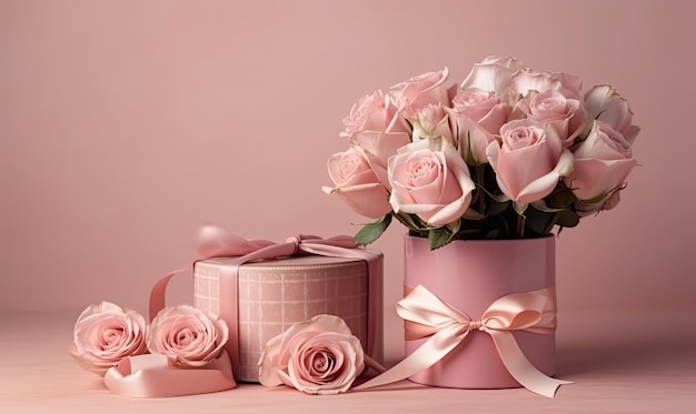 Lindo buquê de flores rosas cor de rosa e caixa de presente em fundo rosa pastel Aniversário Casamento Dia das Mães generativo AI