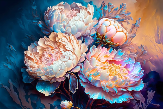Lindo buquê surreal de peônias Flores iridescentes Ilustração generativa de IA