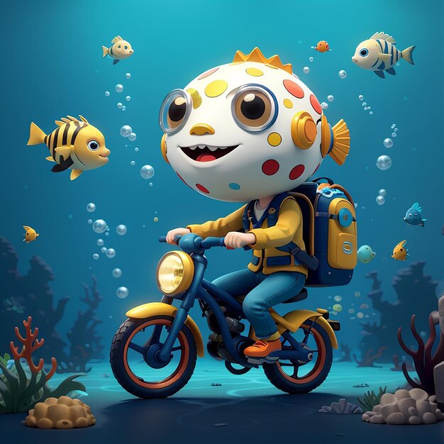 Foto lindo buzo montando bicicleta con globo de pez globo en el océano icono vectorial de dibujos animados ilustración ciencia icono de animales concepto aislado estilo de dibuyos animados plano vectorial premium