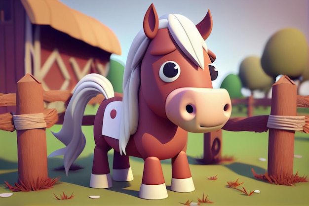 Lindo caballo de dibujos animados en 3D en una granja