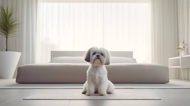 lindo cachorrinho branco dormindo na cama