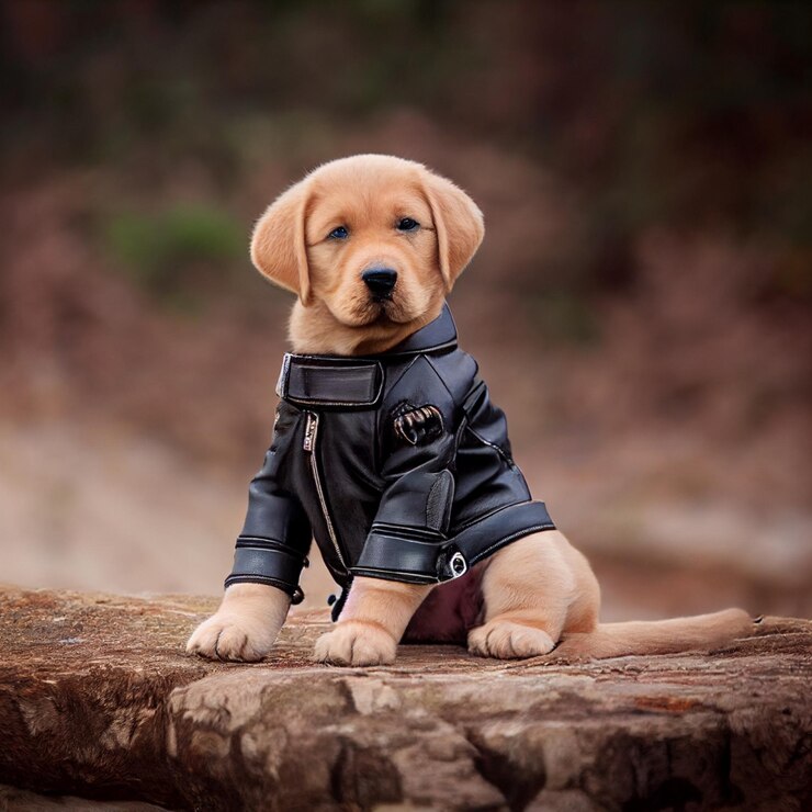 Foto lindo cachorrinho labrador retriever posando com jaqueta