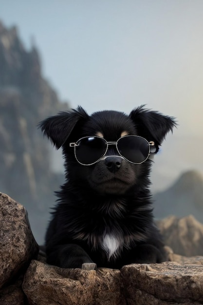 Lindo cachorrinho preto usando óculos escuros