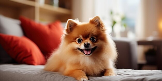 Lindo cachorrinho vermelho da Pomerânia descansando no sofá em casa