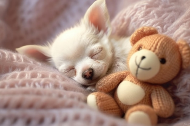 Un lindo cachorrito chihuahua duerme en una manta de punto rosa con un juguete IA generativa