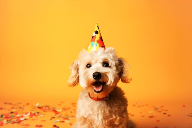 Lindo cachorrito en un retrato de sombrero de fiesta Plantilla para diseño de postal con espacio de copia imagen lista para imprimir Concepto de vacaciones