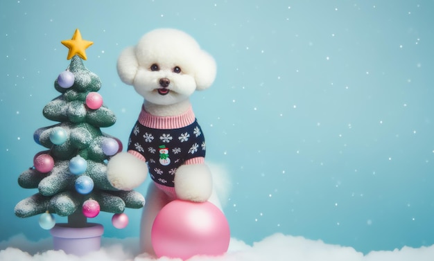 un lindo cachorro y un árbol de Navidad y la caída de nieve de fondo