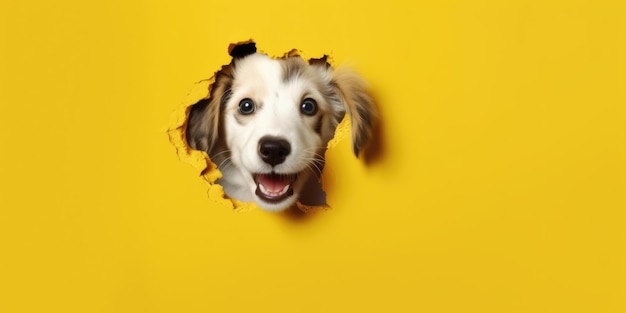 Lindo cachorro asomándose por un agujero en la pared agujero rasgado maqueta de marco de espacio de copia vacía Imagen de IA generativa weber