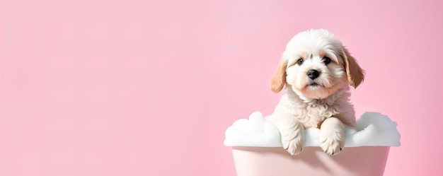 Lindo cachorro en banner de baño de espuma IA generativa