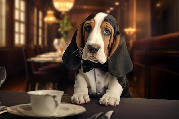 Un lindo cachorro de Basset Hound con un clásico estilo de esmoquin 00162 03