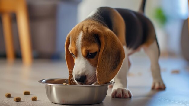 Foto un lindo cachorro de beagle comiendo en casa una mascota adorable