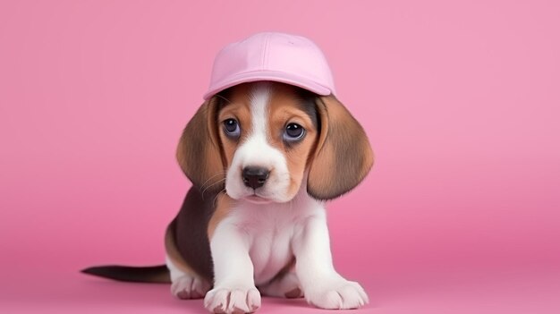 un lindo cachorro beagle con una gorra de béisbol en un fondo rosa