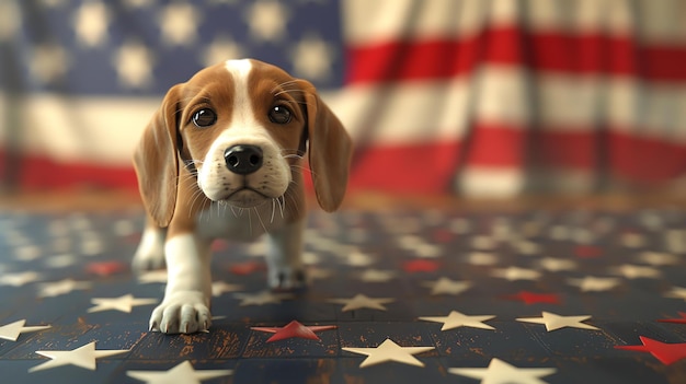 Foto un lindo cachorro beagle está de pie en un piso de madera con una bandera estadounidense en el fondo