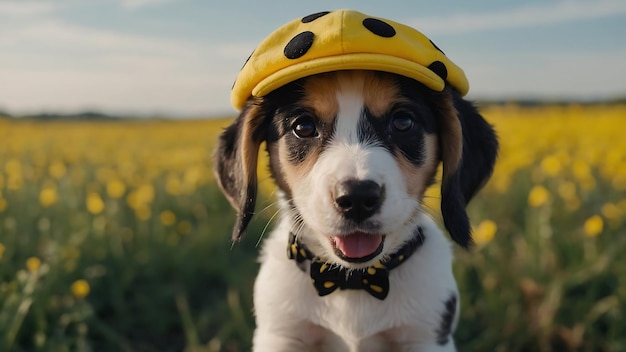 Un lindo cachorro de Beagle con un sombrero amarillo