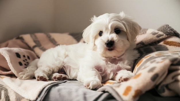 Un lindo cachorro blanco de Bolognese acostado en cubiertas acogedoras y mirando a la cámara