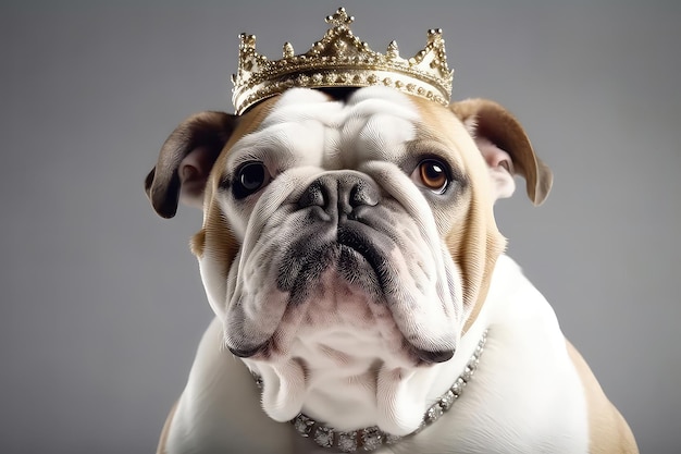 Lindo cachorro Bulldog em coroa de ouro sobre fundo branco IA generativa