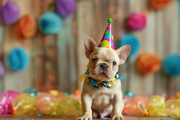 Un lindo cachorro bulldog francés con un colorido sombrero de fiesta rodeado de globos