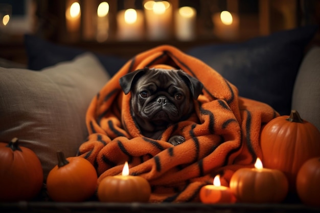 Lindo cachorro de bulldog francés envuelto en una manta en un sofá entre calabazas y velas Concepto de otoño y Halloween Contenido generativo de IA