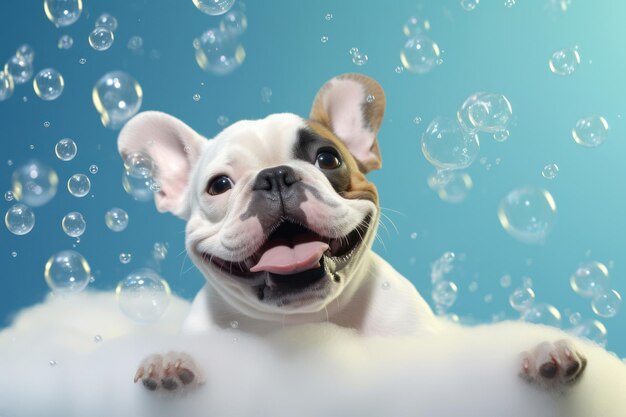 Foto un lindo cachorro de bulldog sentado en un jardín de hierba verde masticando burbujas de jabón