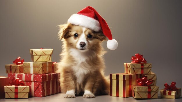 Foto un lindo cachorro con cajas de regalos de navidad, un póster de fotos conceptuales, un feliz regalo de año nuevo rojo.