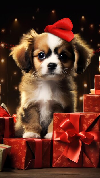 Foto un lindo cachorro con cajas de regalos de navidad, un póster de fotos conceptuales, un feliz regalo de año nuevo rojo.