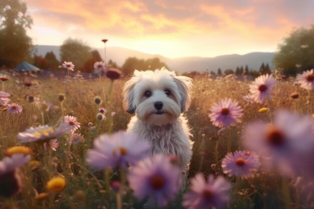 Lindo cachorro en un campo de flores de verano al atardecer