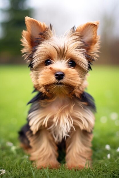 Un lindo cachorro en el césped verde