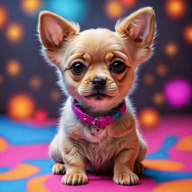 Un lindo cachorro de chihuahua con una correa rosada Fotografía de mascotas de estudio