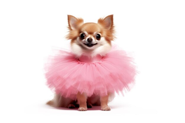 Lindo cachorro chihuahua em tutu rosa em um fundo preto IA generativa