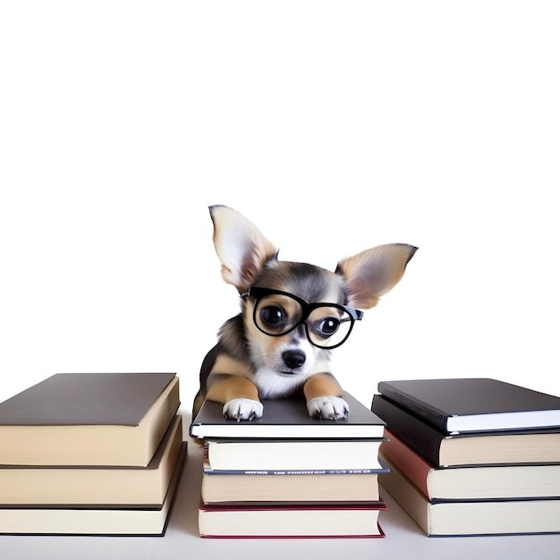 Lindo cachorro chihuahua con libros sobre cuentos para dormir