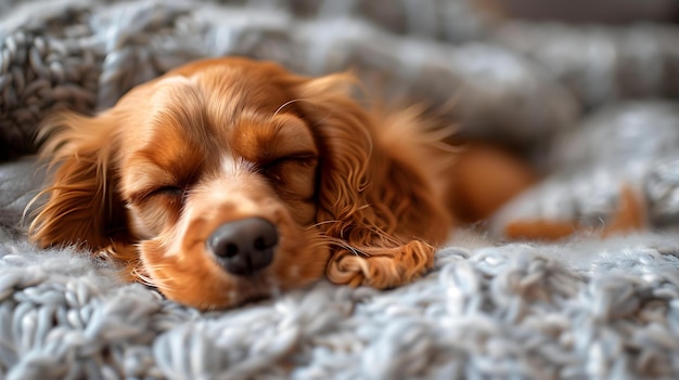 Un lindo cachorro de cocker spaniel disfrutando de una siesta en una cama cómoda un momento de mascota adorable un concepto de mascotas un Cocker spaniel durante la noche una cama confortable adorable