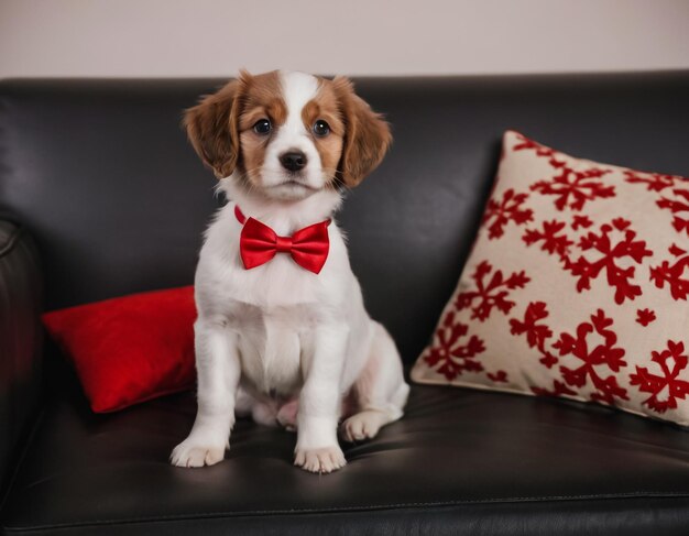 Foto un lindo cachorro con una corbata roja y sentado en un sofá