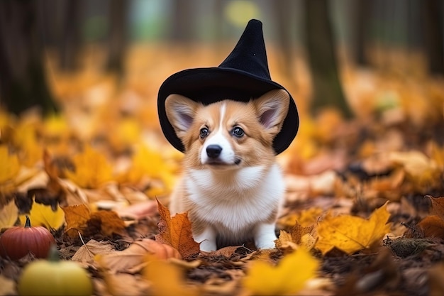 Un lindo cachorro corgi con un sombrero de bruja está entre hojas doradas y una calabaza en el parque