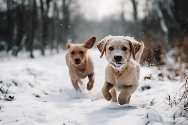 Lindo cachorro corre verticalmente delante de perros grandes en la nieve IA generativa