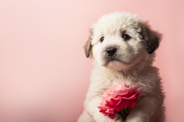 Lindo cachorro da una rosa Concepto romántico o concepto de vacaciones del día de la mujer Ilustración generativa de IA