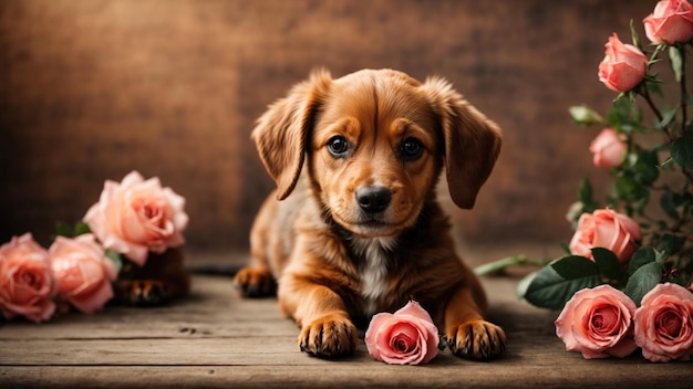 Foto un lindo cachorro de dachshund con una flor de rosa en un fondo de madera