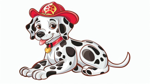 Un lindo cachorro de Dalmacia de dibujos animados con un sombrero rojo de bombero está sentado el cachorro tiene grandes ojos marrones y una nariz negra