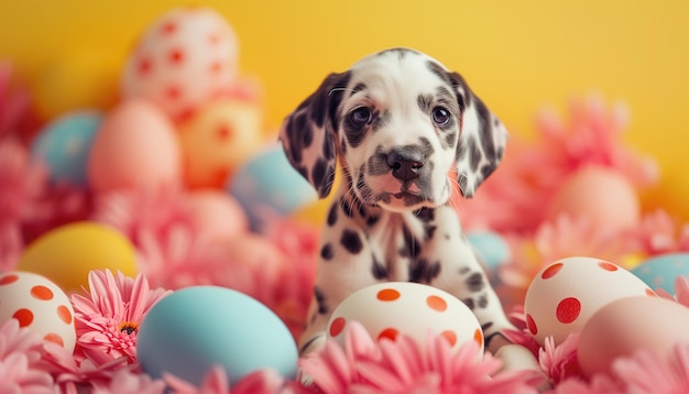 Foto un lindo cachorro dálmata y huevos de pascua en un fondo colorido