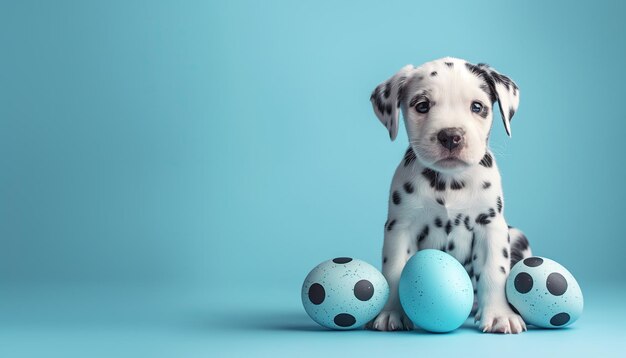 Foto un lindo cachorro dalmático con huevos de pascua azules en un fondo azul.