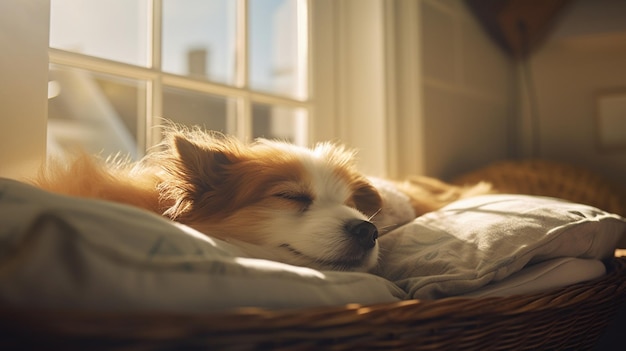 Lindo cachorro de estimação dormindo em uma cesta de vime fotos Arte gerada por IA