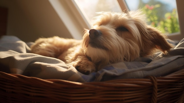 Lindo cachorro de estimação dormindo em uma cesta de vime fotos Arte gerada por IA