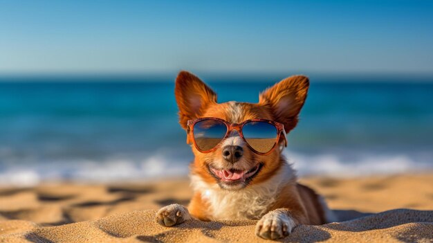 Un lindo cachorro descansando en la arena con gafas de sol GENERAR IA