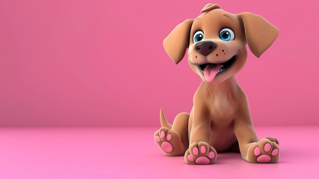 Un lindo cachorro de dibujos animados con ojos grandes y patas rosas sentado sobre un fondo rosado El cachorro está sonriendo y tiene la lengua fuera