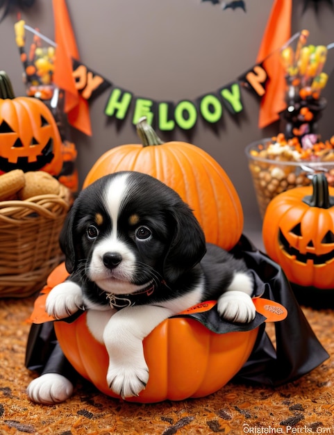 un lindo cachorro disfrazado en una fiesta de Halloween