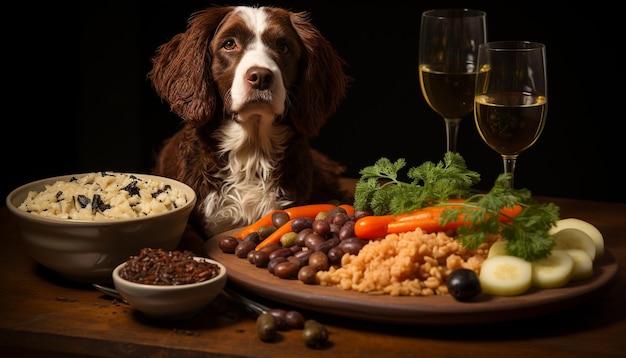 Un lindo cachorro disfruta de una comida gourmet en una mesa de madera con verduras generadas por IA